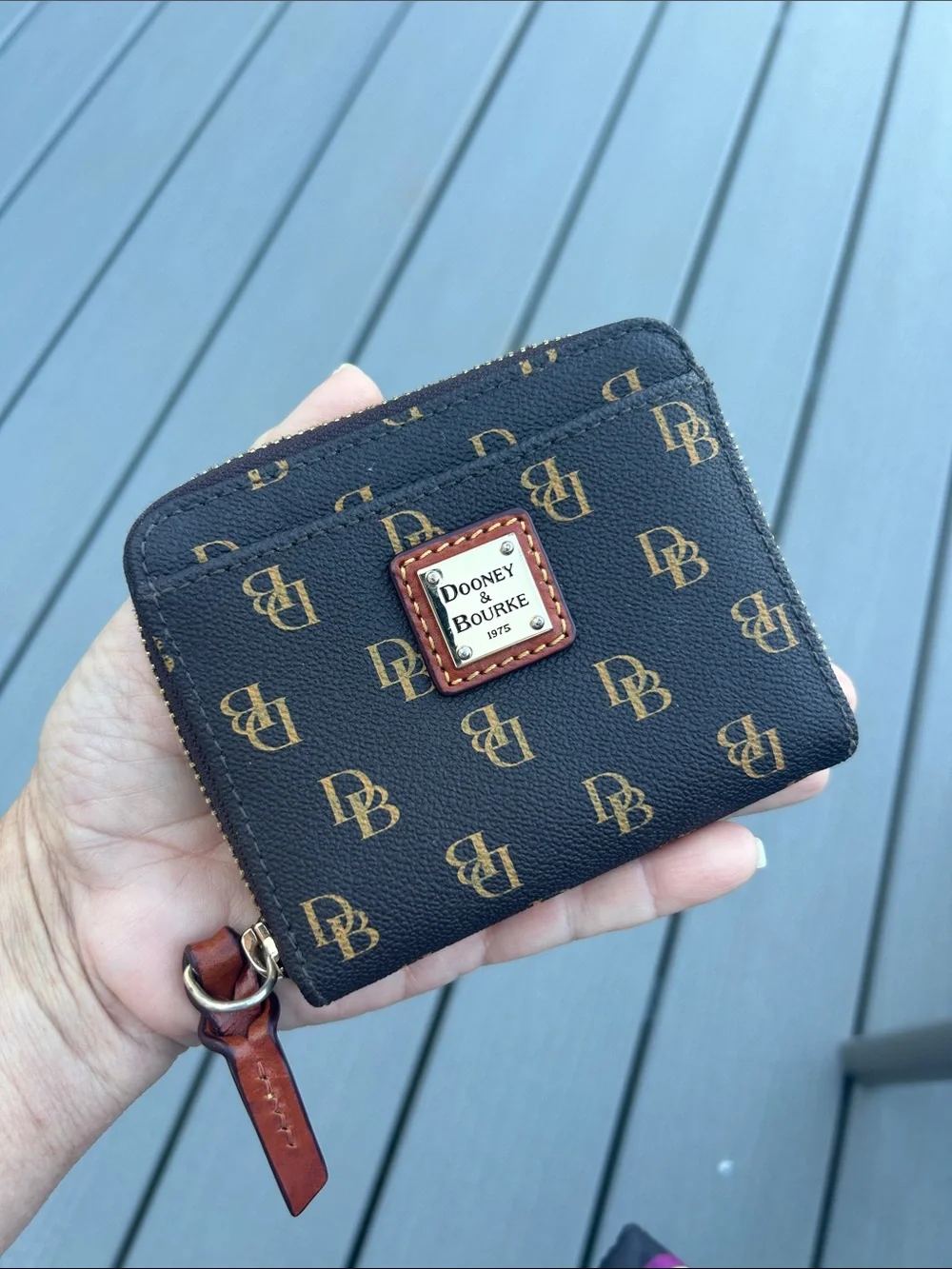 Dooney & Bourke Greta Small Black and Brown Signature Zip Card Wallet